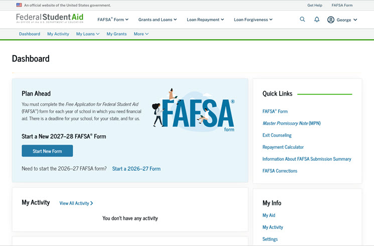 image of FAFSA website landing page showing where to start a 2027-28 FAFSA