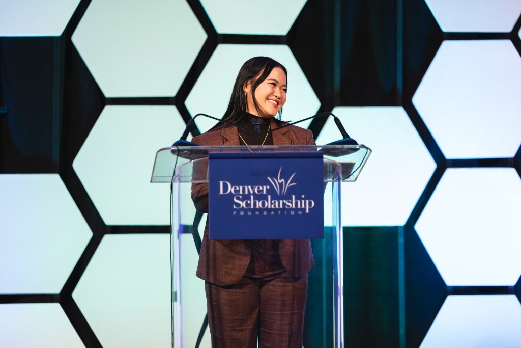 Thaw on stage speaking at the DSF Homecoming Gala