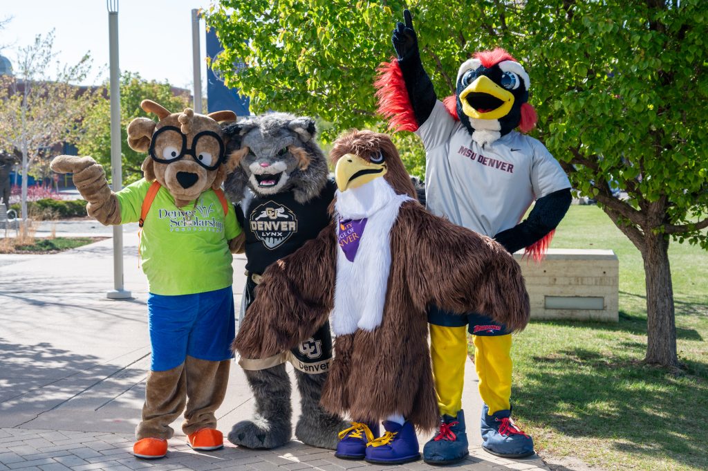 DSF mascot Future poses with CU Denver mascot Milo, MSU mascot Rowdy, and CCD mascot Swoop