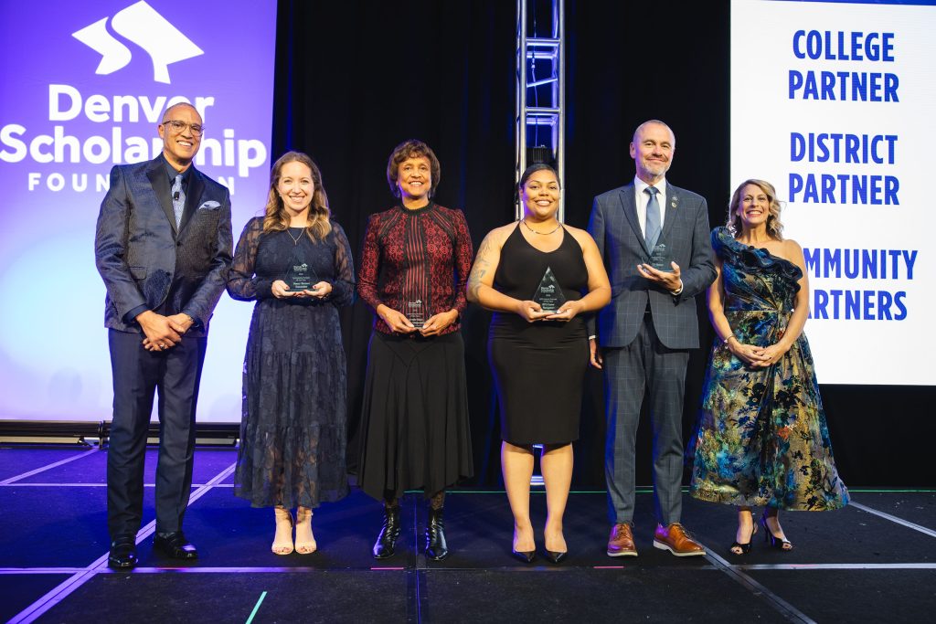 From left to right: DSF Board Chair Daniel Brown; Liz Jeralds, Denver Broncos Foundation; Dr. Terri Richardson, Colorado Black Health Collaborative; Charlene West, DPS Career Navigators; Chancellor Ken Christensen, CU Denver; and DSF CEO Lorii Rabinowitz 