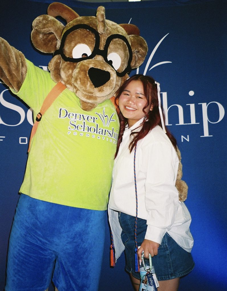 DSF’s Mascot Future and Thaw posing at the Auraria campus graduation celebration