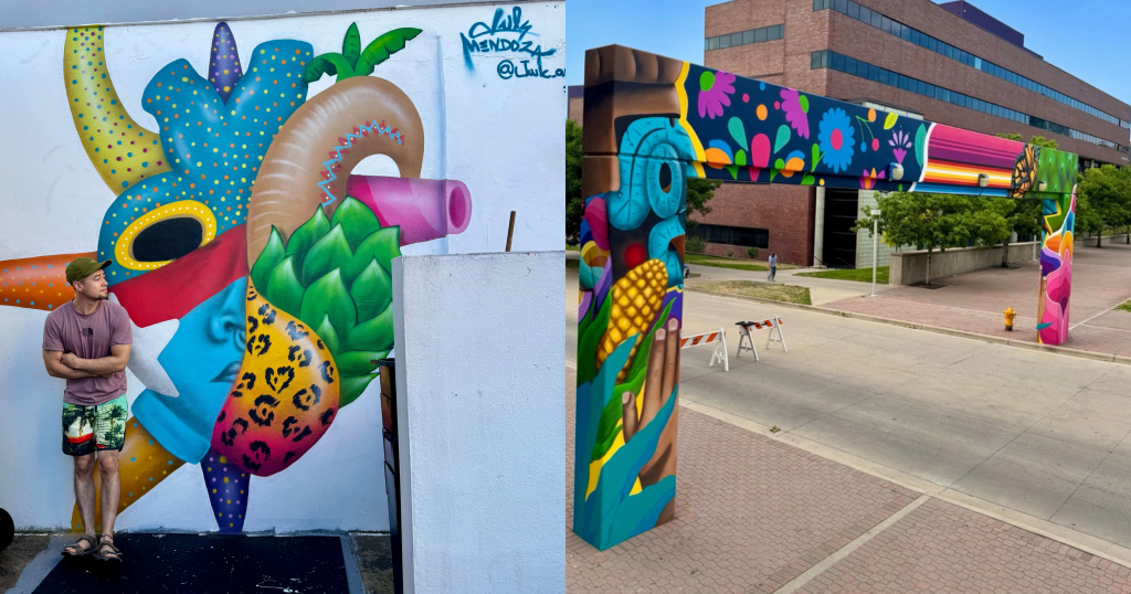 Julio standing next to one of his murals and a photo of another piece at the Auraria Campus