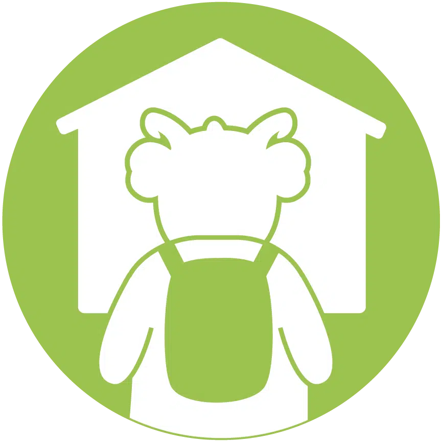 Green icon of Future the Goat mascot returning to their home