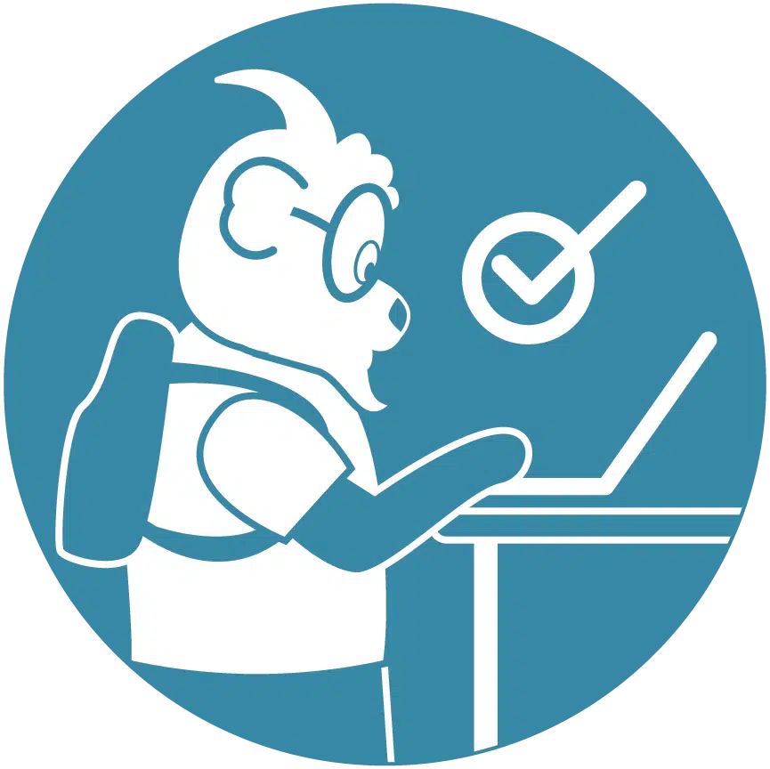 Blue icon of Future the Goat mascot completing an application on a laptop