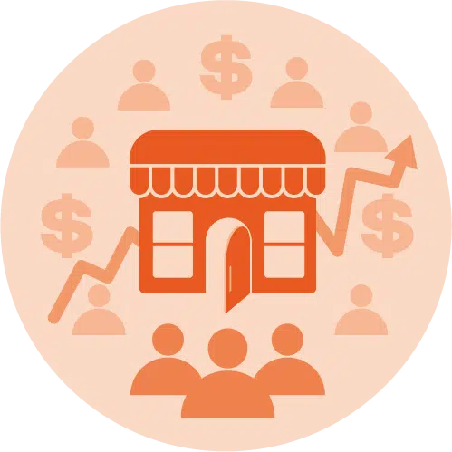 Orange business icon containing people, a building, money, and upward trends