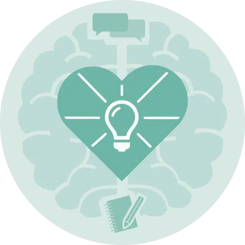 Teal icon representing Community & Human Services, depicting a notebook, talk bubbles, a heart, a brain, and a lightbulb