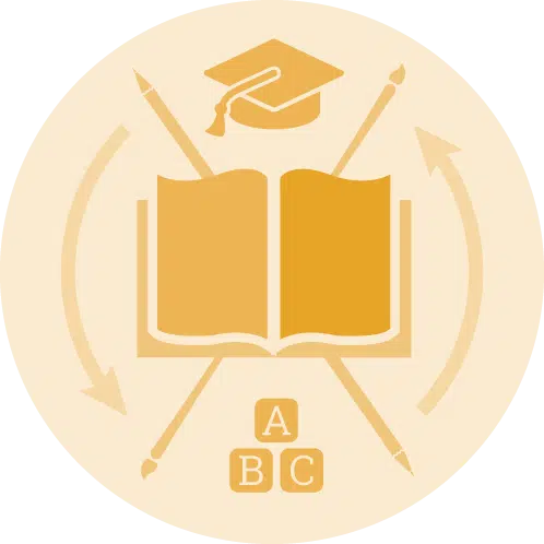Gold icon representing Education, depicting a graduation cap, a book, a pencil, a paintbrush, and the alphabet