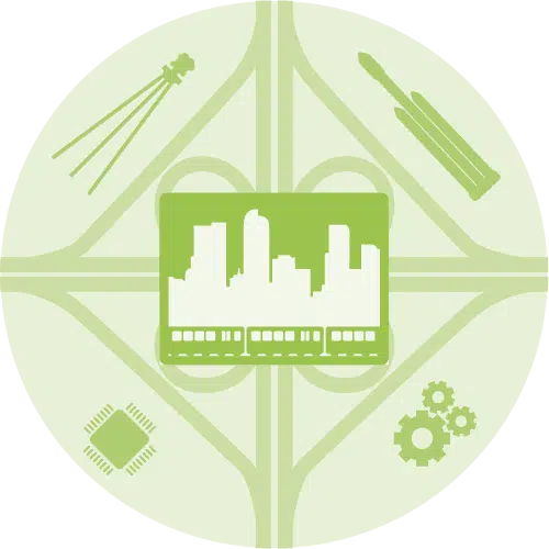 Green icon representing Engineering & Architecture, depicting the Denver skyline, a highway interchange, gears, a rocket, a circuit board, a surveyor's tool, and a train