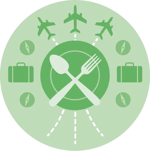 Green icon representing Hospitality, depicting a dinner plate, luggage, planes, and navigation