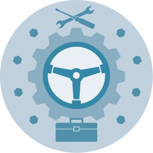 Blue icon representing Industrial fields, depicting a steering wheel, tools, rivets, and a toolbox