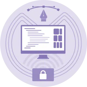 Purple icon representing Technology & Design, depicting a computer, code, web design, cybersecurity, and a pen tool