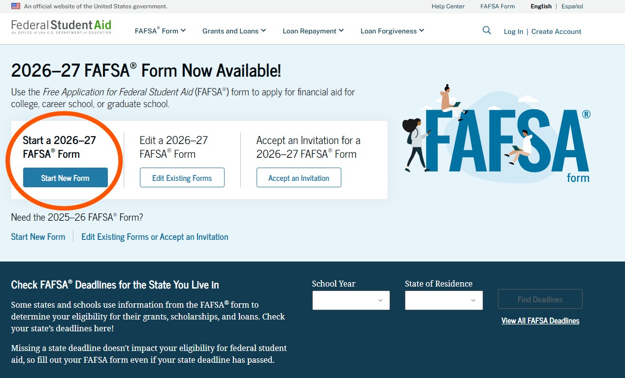 Screenshot of the FAFSA website with the button circled to start filling out the form