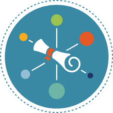 Circular blue icon depicting a scholarship award scroll